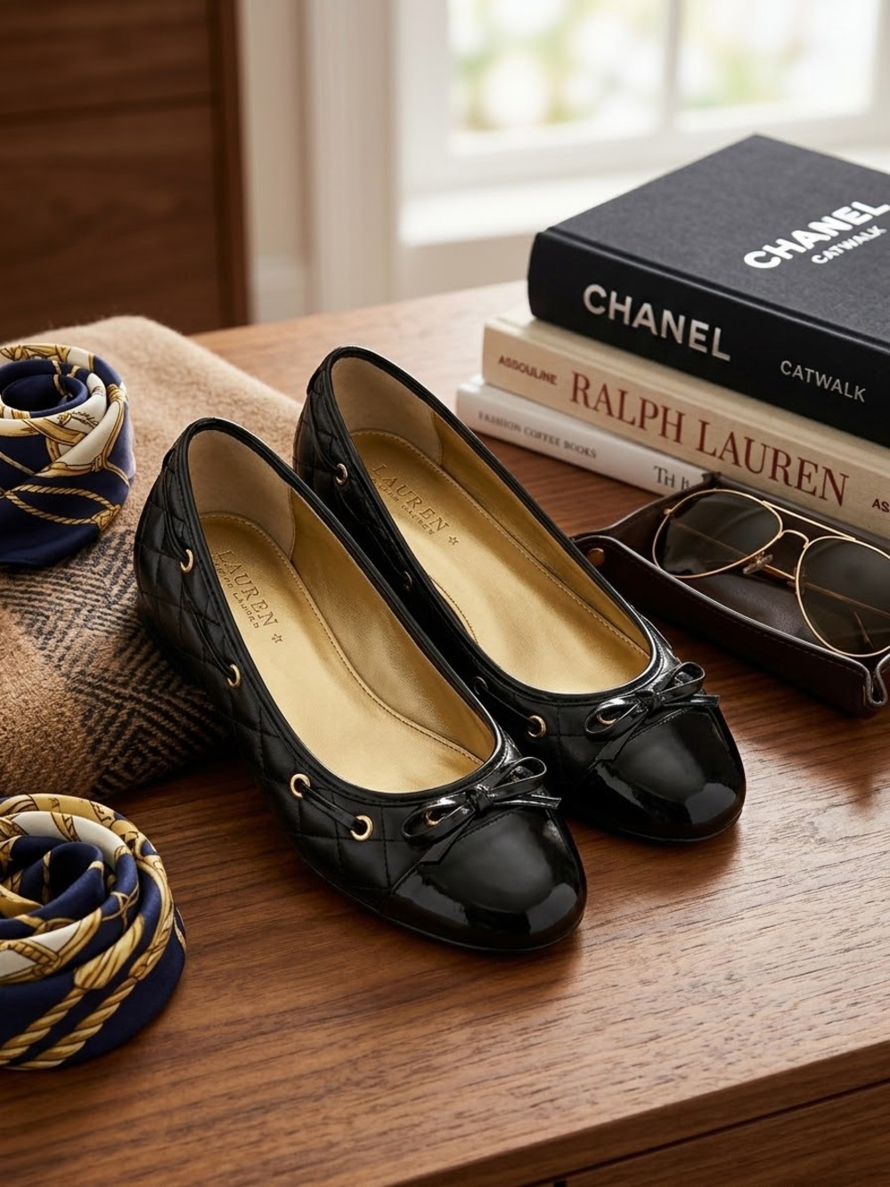 Ralph Lauren Black Quilted Patent Ballet Flats with Gold Eyelets